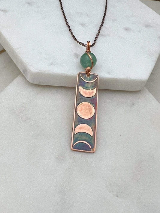 Moon phase acid etched copper necklace with aventurine gemstone