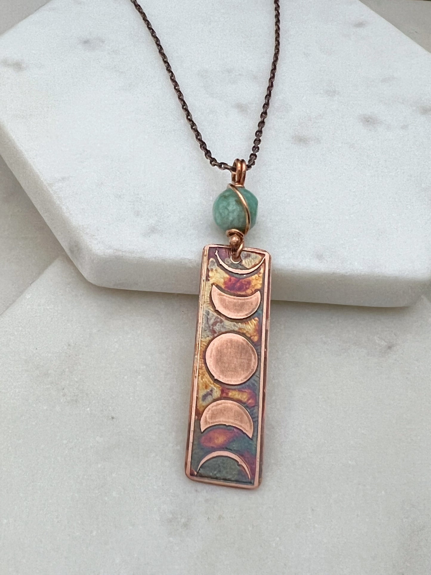 Moon phase acid etched copper necklace with amazonite gemstone