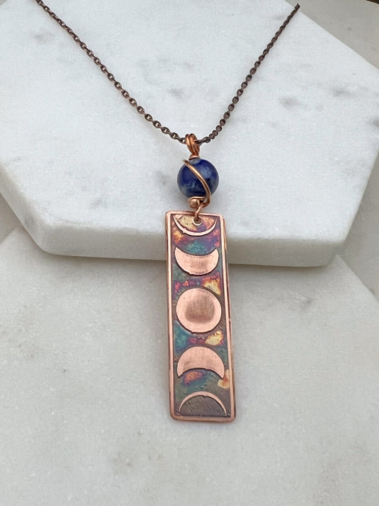 Moon phase acid etched copper necklace with chrysocolla gemstone