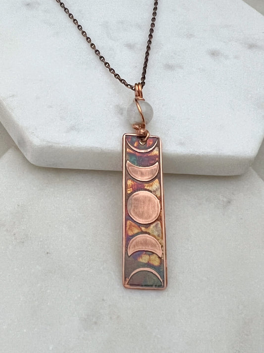Moon phase acid etched copper necklace with moonstone gemstone