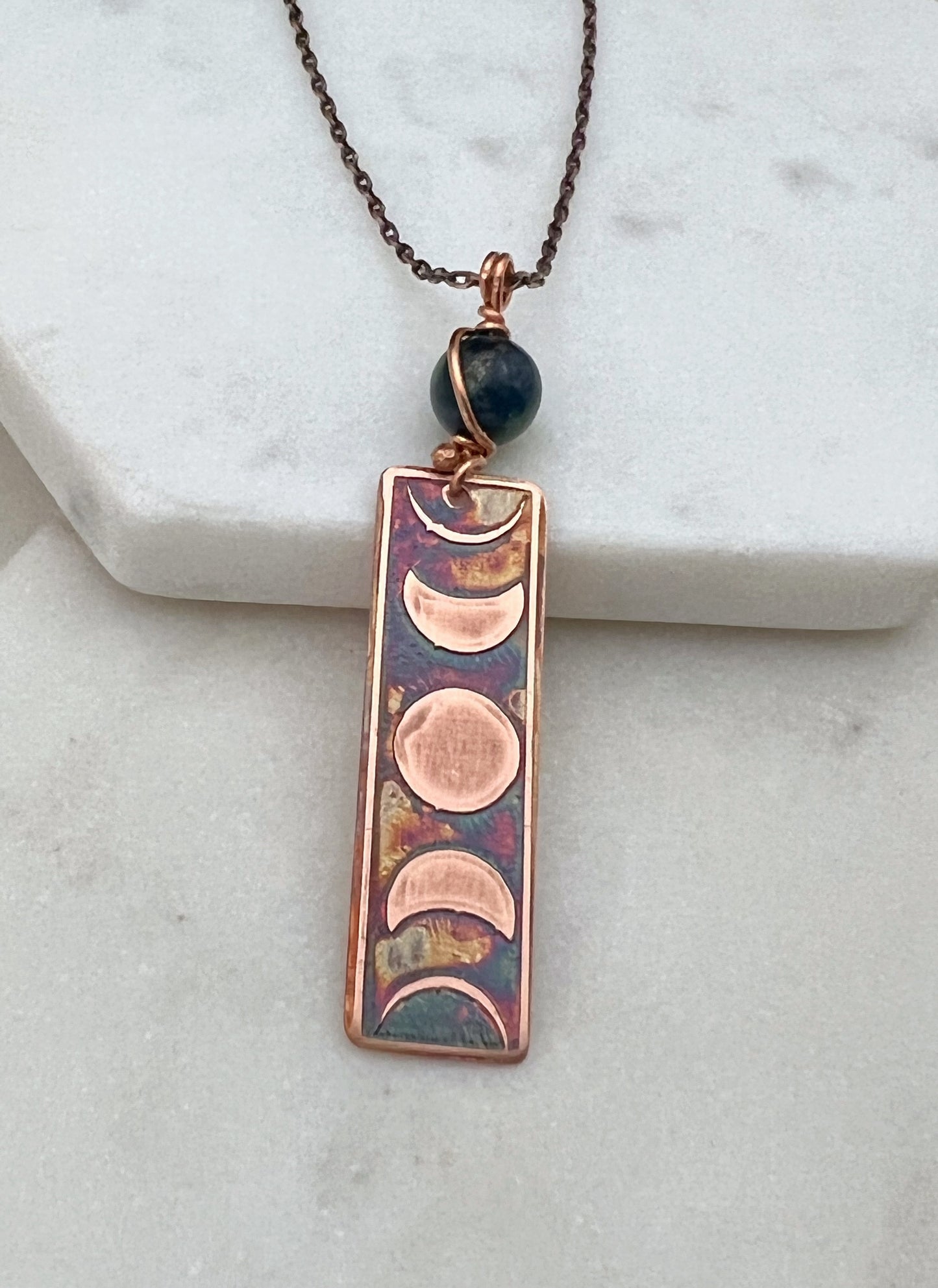 Moon phase acid etched copper necklace with lapis gemstone