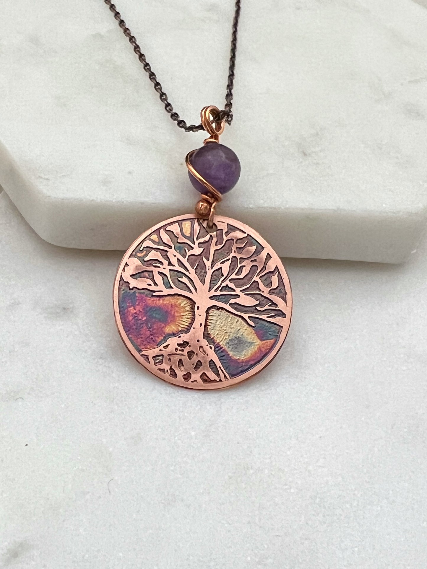 Acid etched copper tree necklace with amethyst gemstone