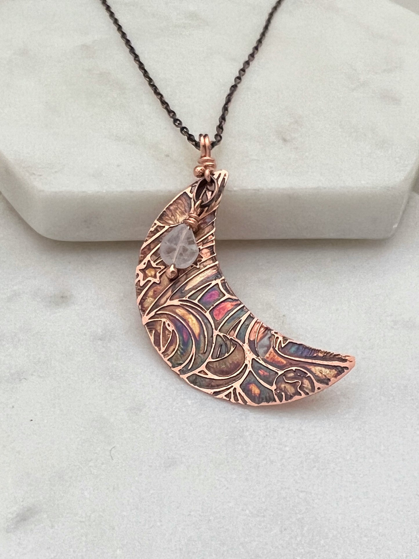 Acid etched copper crescent necklace with moonstone gemstone