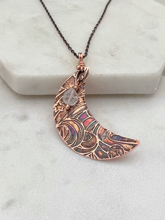 Acid etched copper crescent necklace with moonstone gemstone