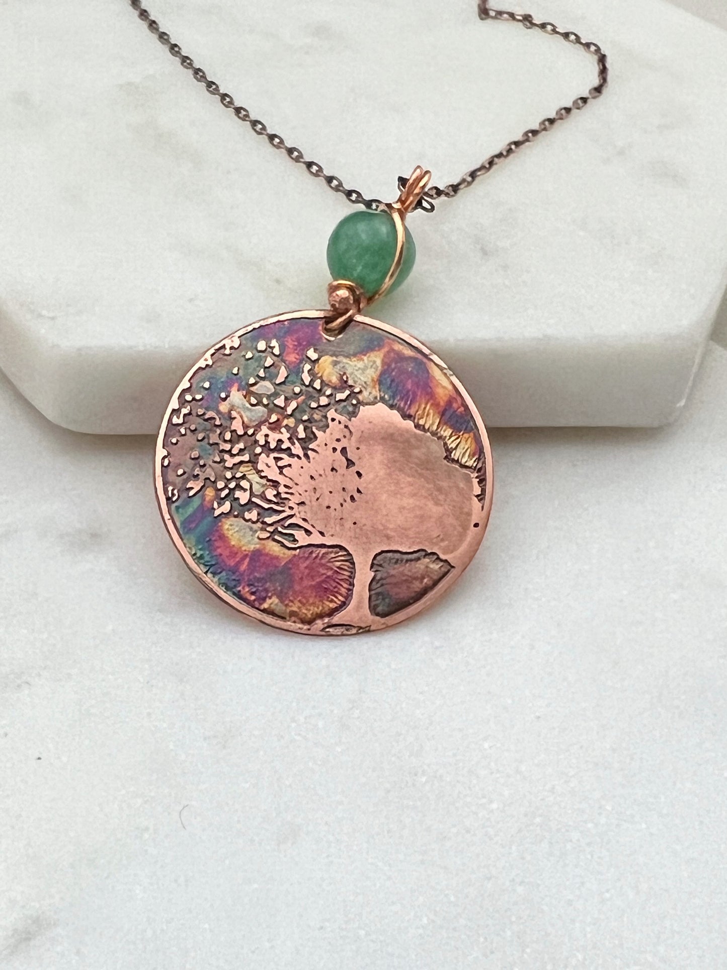 Acid etched copper blowing tree necklace with aventurine gemstone
