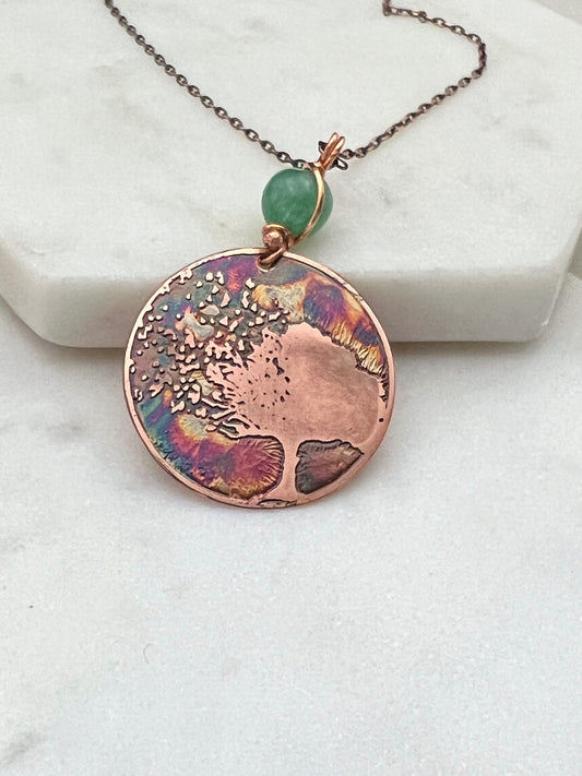 Acid etched copper blowing tree necklace with aventurine gemstone
