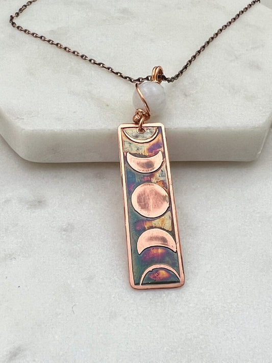 Moon phase acid etched copper necklace with moonstone gemstone