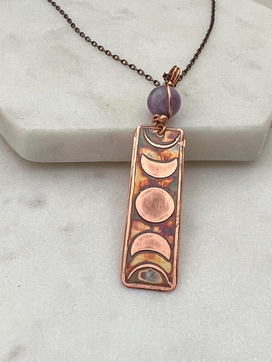 Moon phase acid etched copper necklace with amethyst gemstone