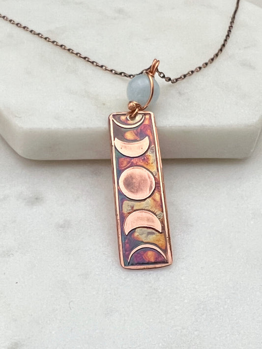 Moon phase acid etched copper necklace with aquamarine gemstone