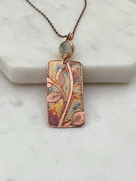 Acid etched copper leaf necklace with prehnite gemstone