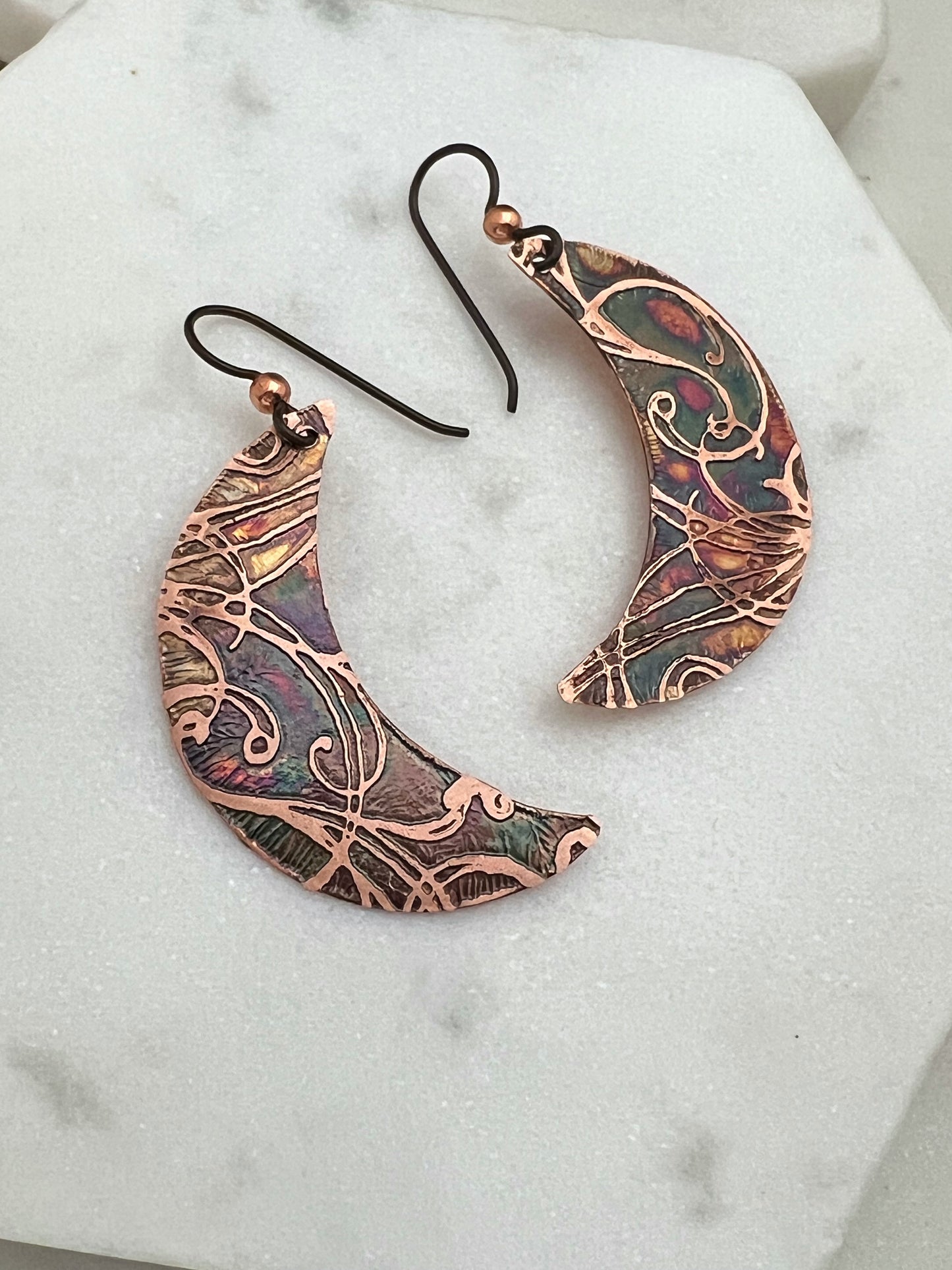 Crescent moon copper earrings