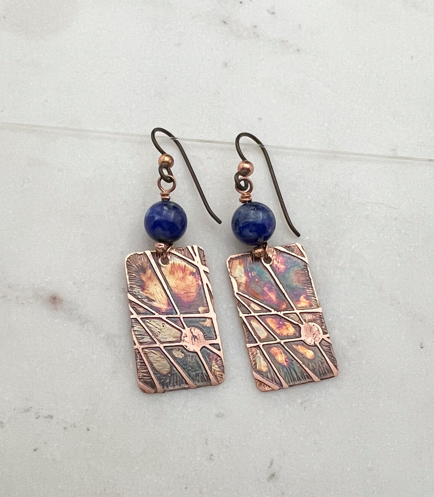 Acid etched copper earrings with lapis gemstones