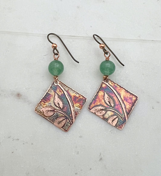 Acid etched copper earrings with aventurine gemstones