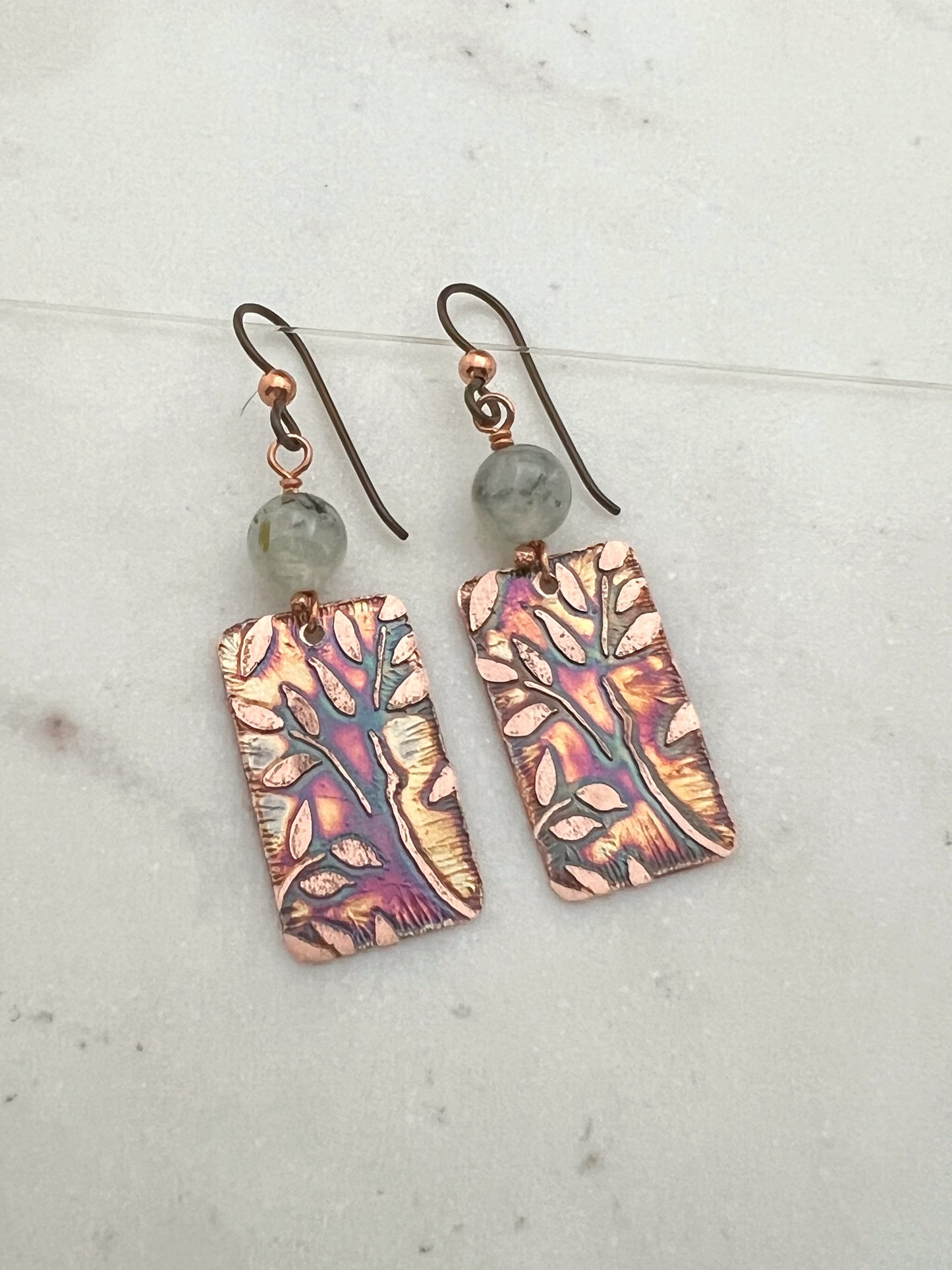 Acid etched copper earrings with prehnite gemstones