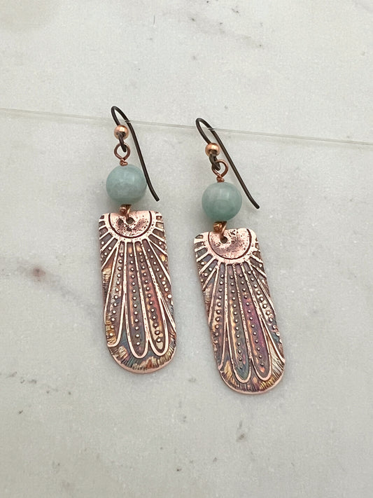 Acid etched copper earrings with amazonite gemstones