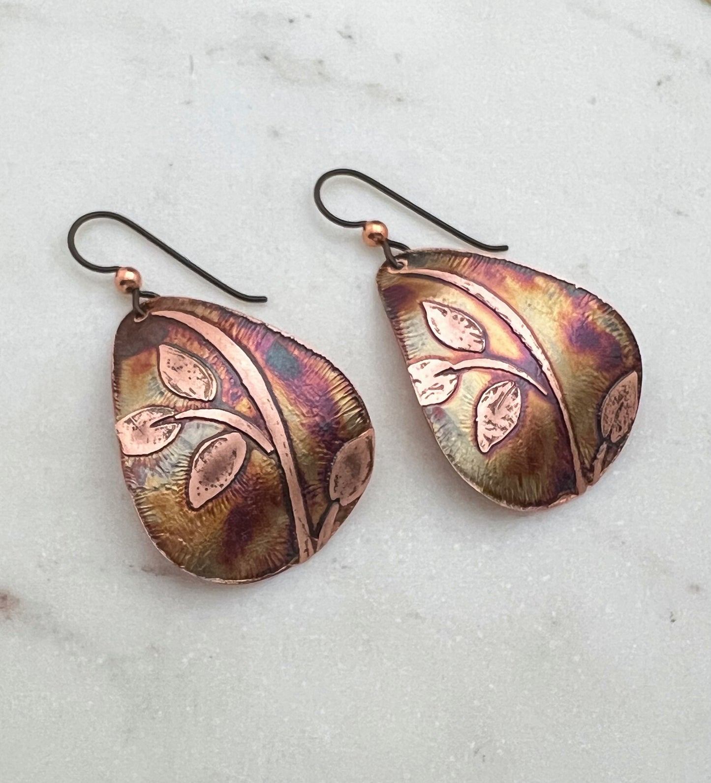 Acid etched copper medium teardrop earrings
