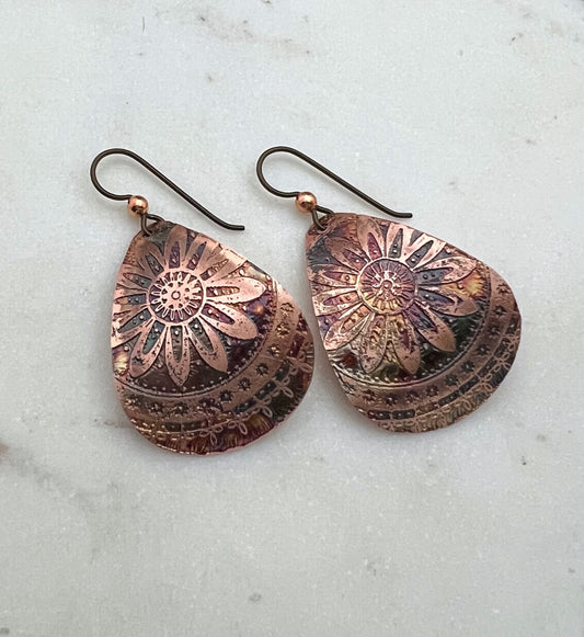 Acid etched copper medium teardrop earrings