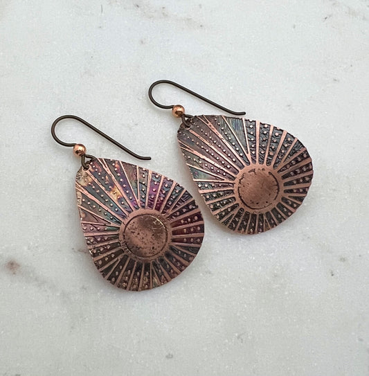 Acid etched copper medium teardrop earrings