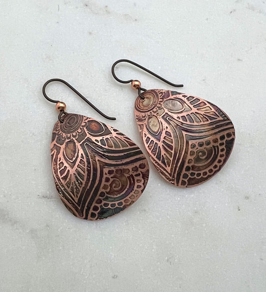 Acid etched copper medium teardrop earrings