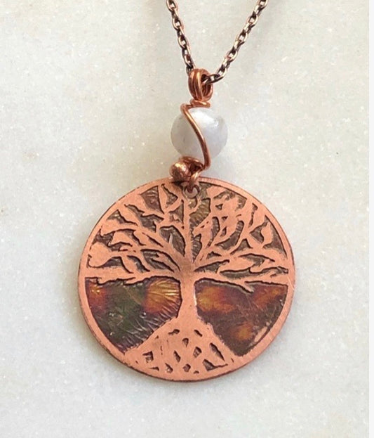 Acid etched copper tree necklace with moonstone