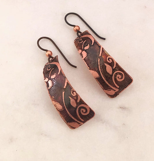 Acid etched copper irregular rectangle earrings