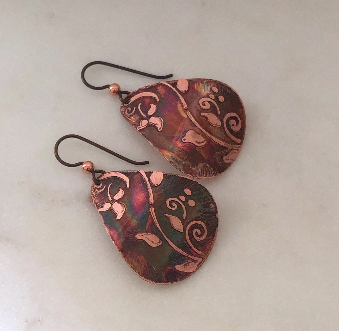 Acid etched copper medium teardrop earrings