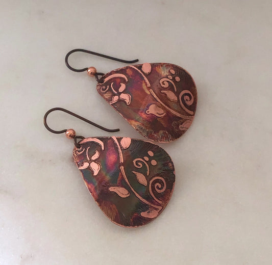 Acid etched copper medium teardrop earrings