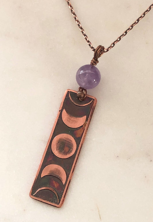 Acid etched copper moon phase necklace with amethyst