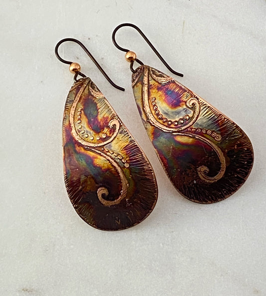Acid etched copper teardrop earrings