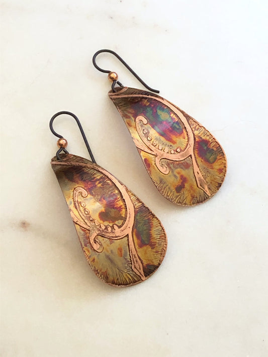 Acid etched copper large teardrop earrings