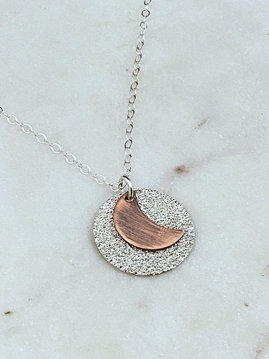Sterling silver and copper moon necklace