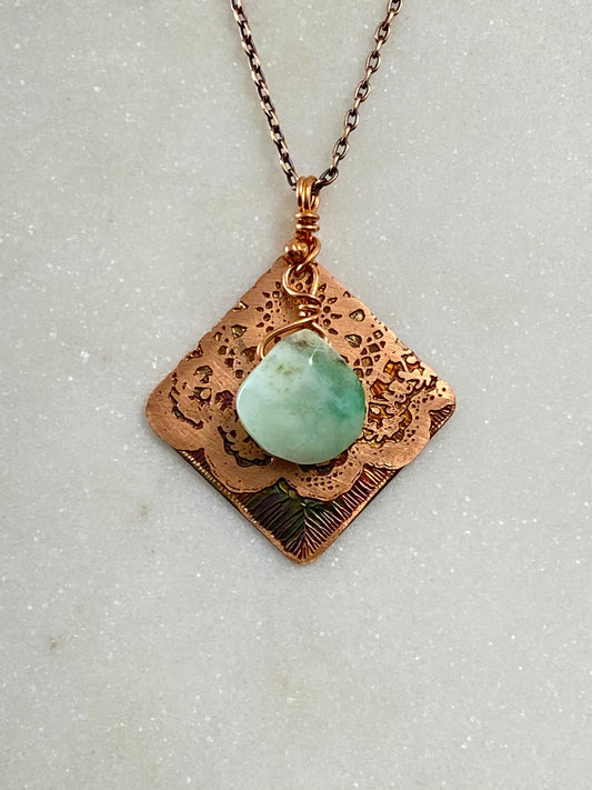 Acid etched copper mandala necklace with chrysoprase