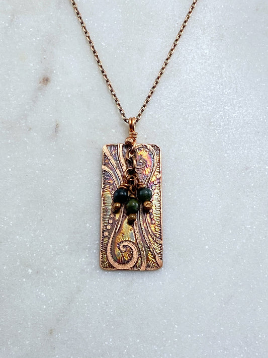 Acid etched copper swirl necklace with moss agate