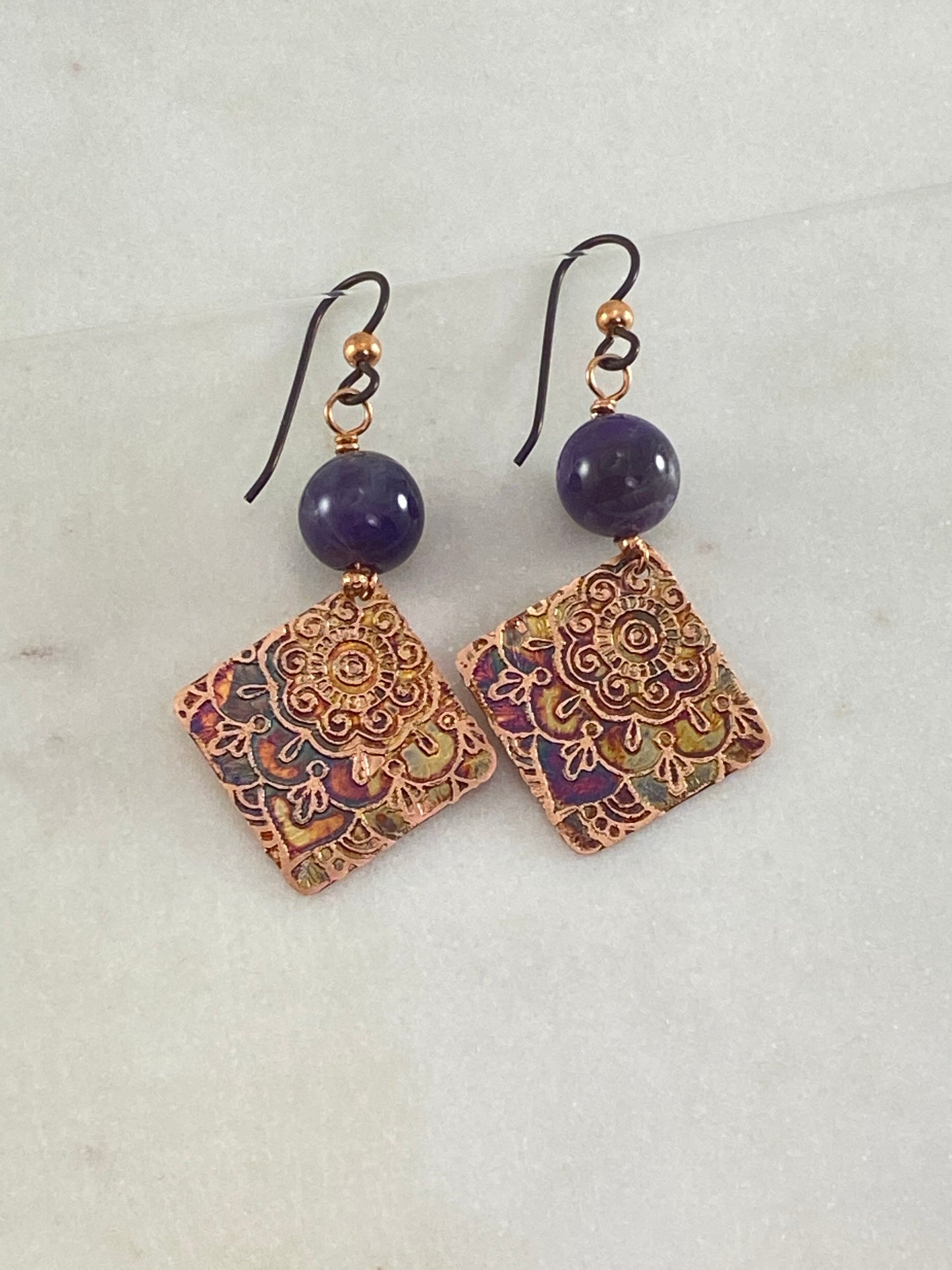 Acid etched copper earrings with amethyst gemstones