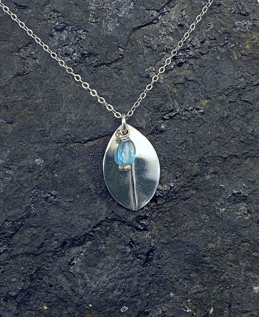 Forged sterling silver leaf necklace with apatite gemstone
