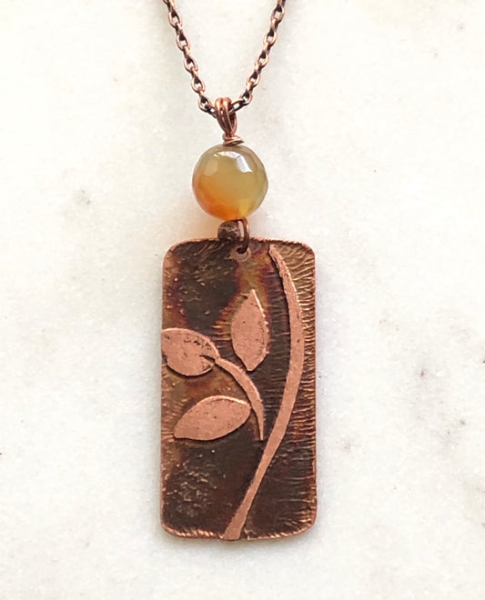Acid etched copper leaf necklace with agate