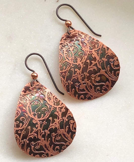 Acid etched copper medium teardrop earrings