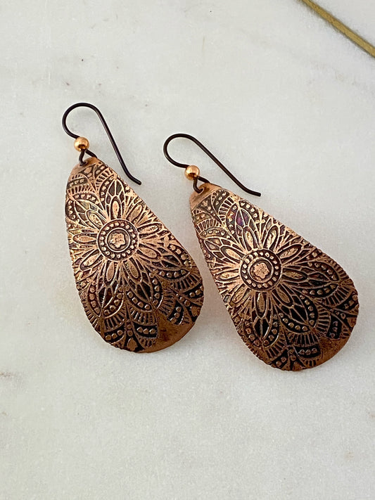 Acid etched copper teardrop earrings