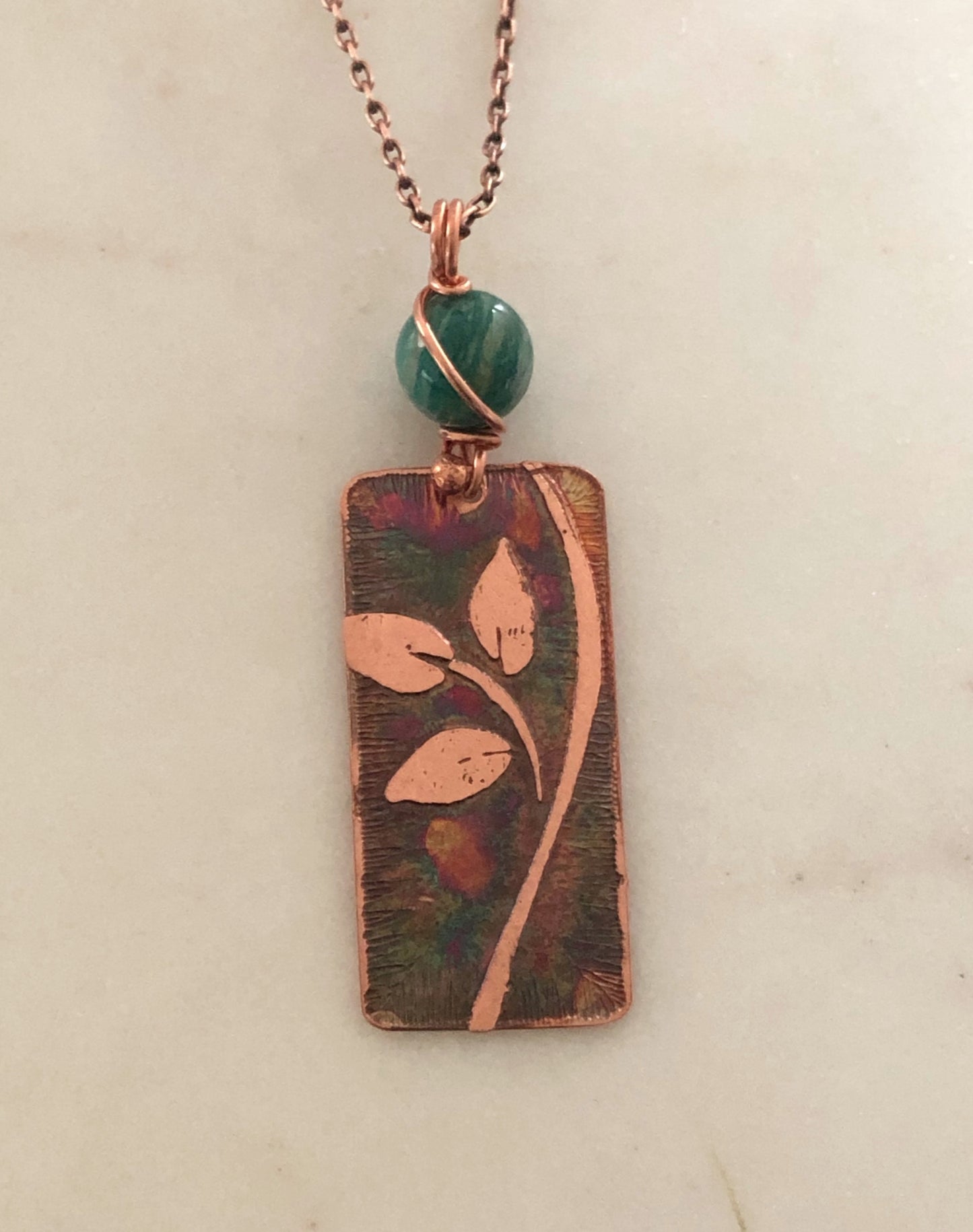 Acid etched copper leaf necklace with amazonite