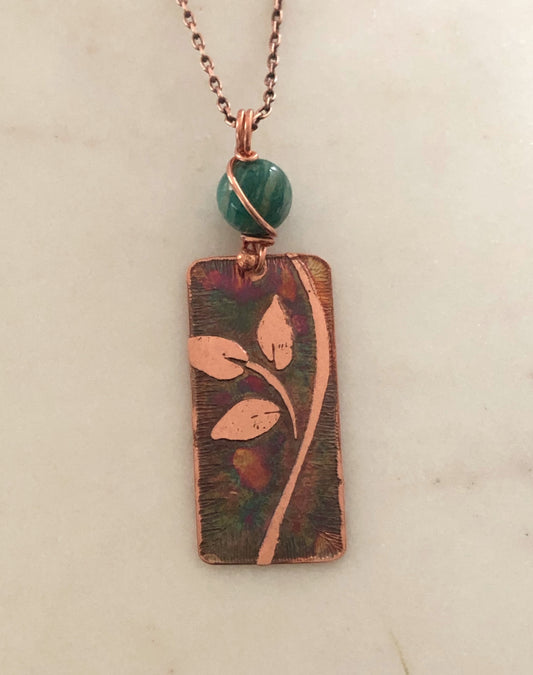 Acid etched copper leaf necklace with amazonite