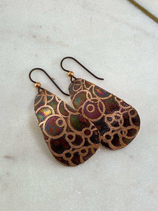 Acid etched copper teardrop earrings