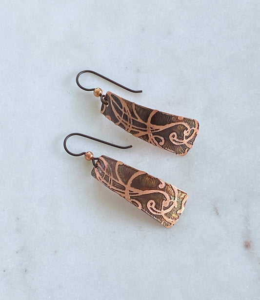Acid etched copper irregular rectangle earrings