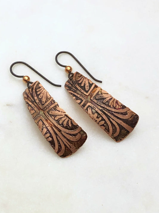 Acid etched copper irregular rectangle earrings