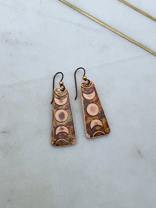 Acid etched copper moon phase earrings