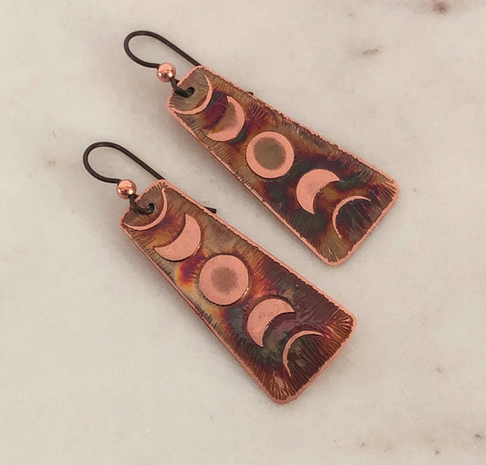 Acid etched copper moon phase earrings