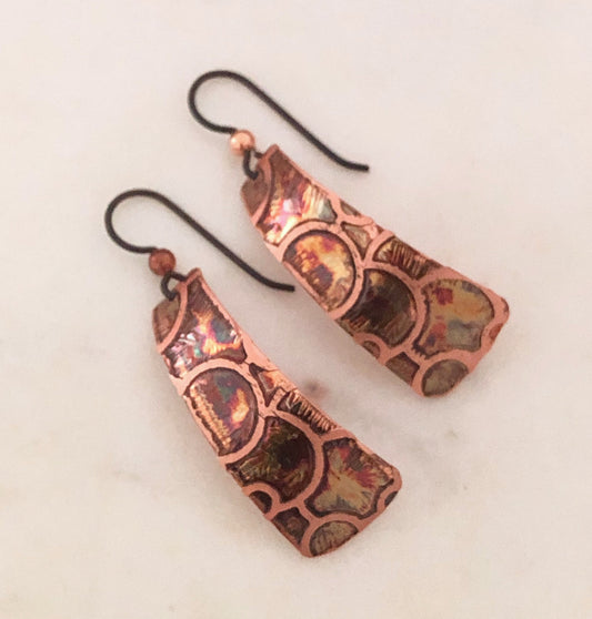 Acid etched copper irregular rectangle earrings