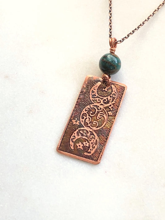 Acid etched copper moon necklace with amazonite