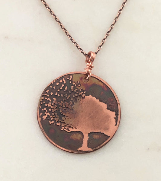 Acid etched copper blowing tree necklace