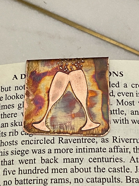 Acid etch copper toasting glasses bookmark