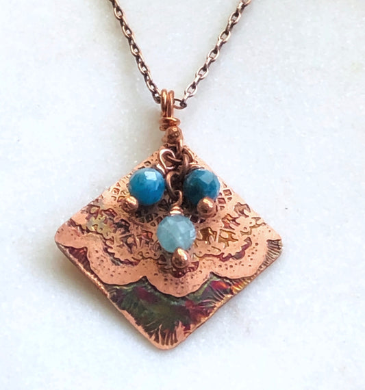 Acid etched copper mandala necklace with apatite